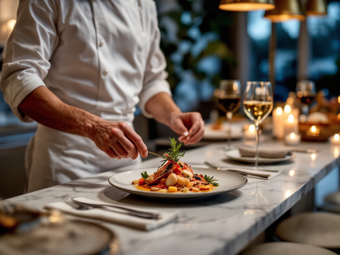 Private chef plating dinner on a marble kitchen island