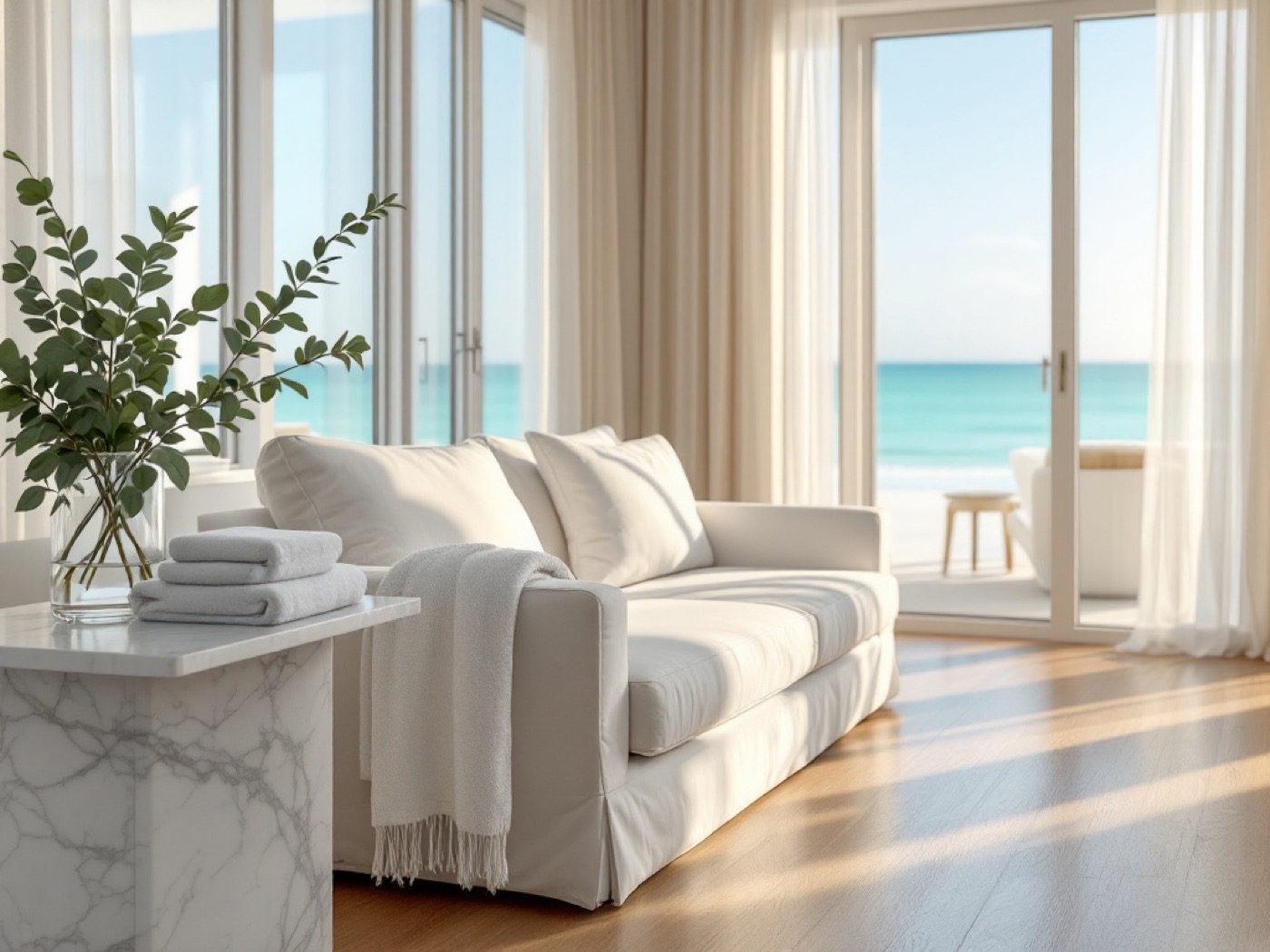 Freshly cleaned coastal living room with folded towels