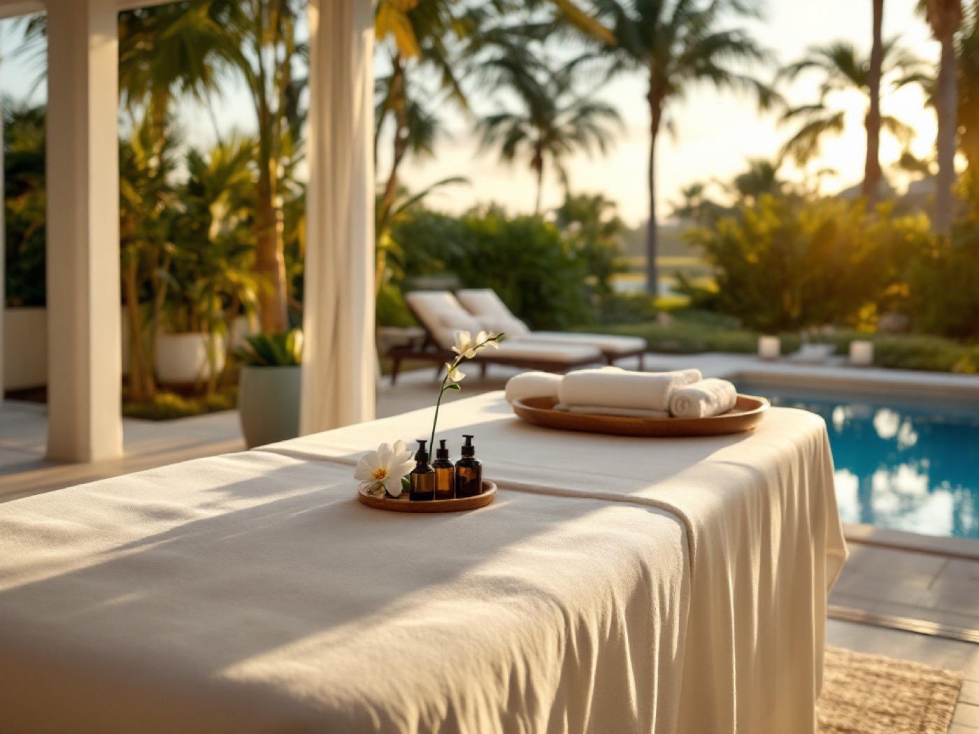 Massage table on a lanai beside a private pool at sunset