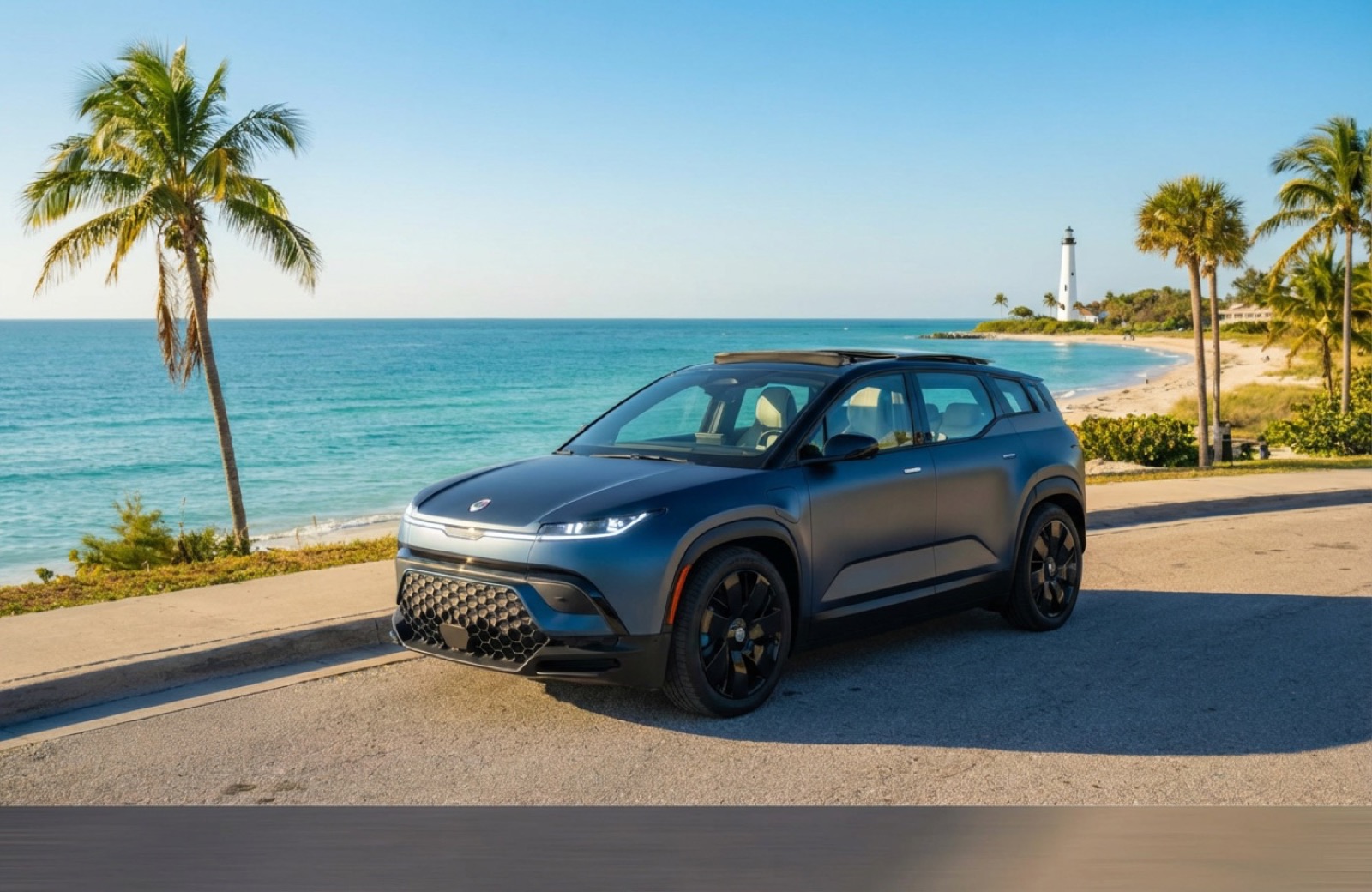 Fisker Ocean electric SUV at a Florida lighthouse, TravelDRD rental