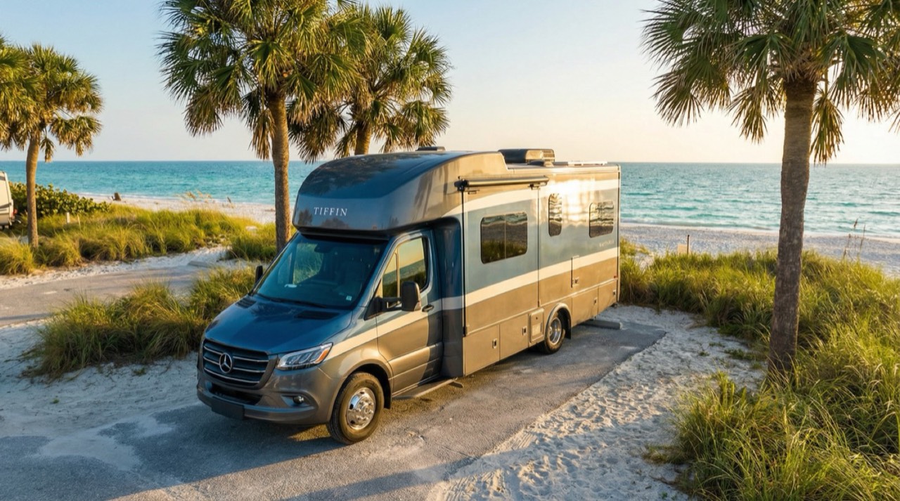 Tiffin Wayfarer luxury RV parked on a Florida beach, TravelDRD rental