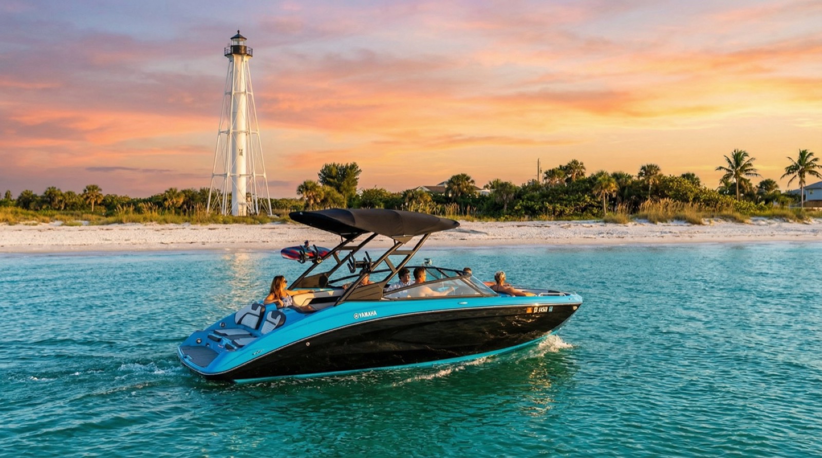 Yamaha 255XD jet boat near Boca Grande lighthouse, TravelDRD rental